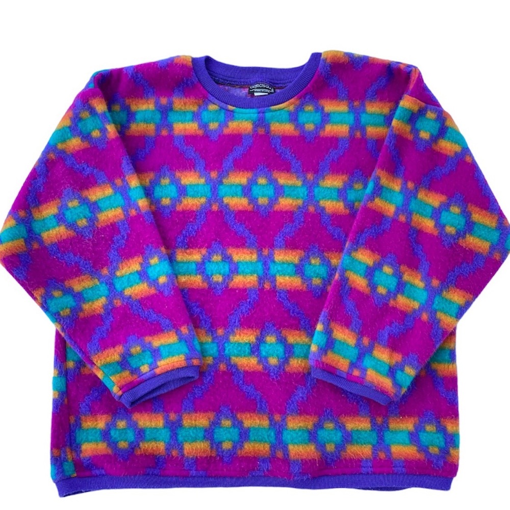 Vintage 80s/90s rainbow Southwest geometric print boxy fleece sweatshirt - M